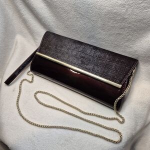 WHBM Embossed Calfhair & Patent Leather Clutch Evening Bag - Port Wine / Oxblood